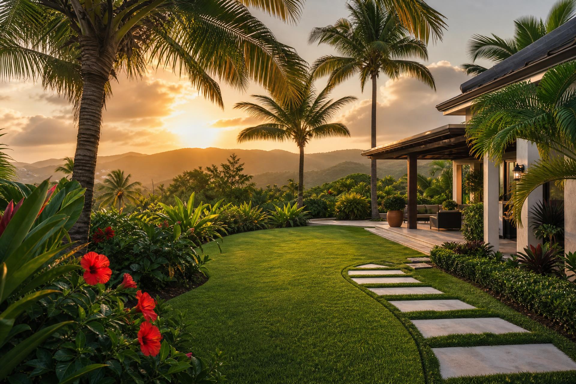 Jardín tropical de lujo con palmas en Puerto Rico